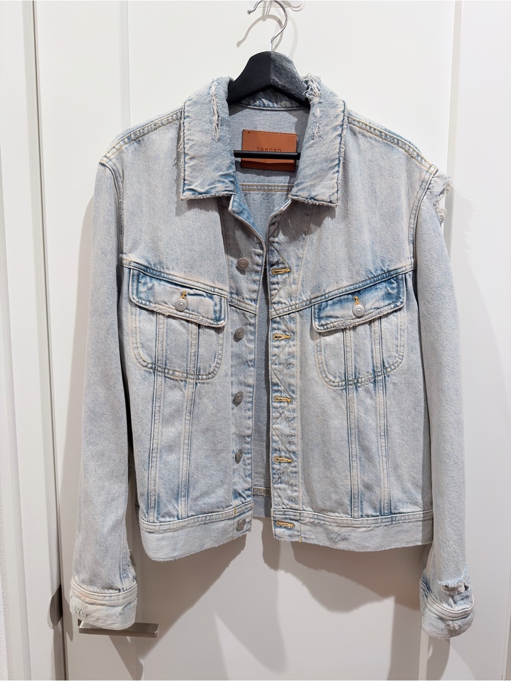 New Sandro oversized light blue denim jacket with distressed details